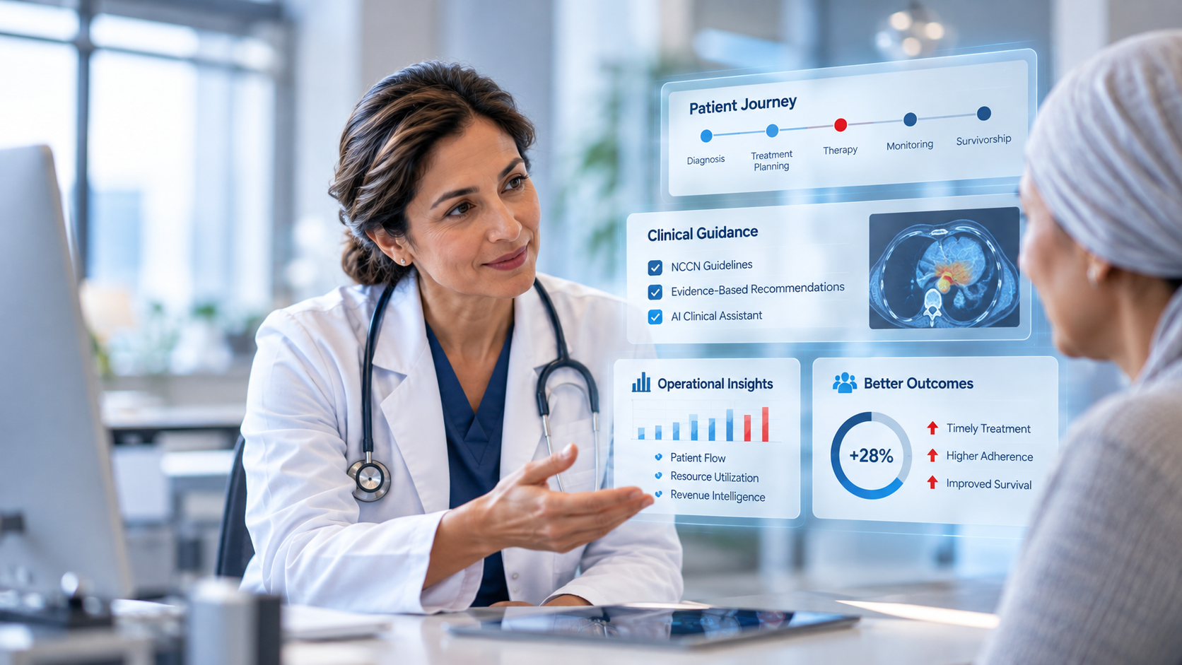 ONCOSure homepage hero graphic showing an oncologist consulting with a patient and clinical intelligence dashboards